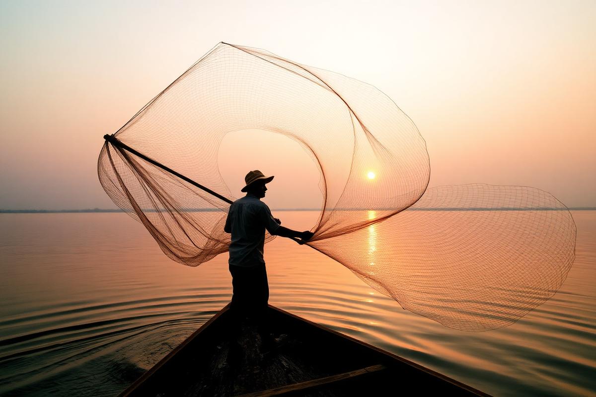 Local fisherman casting a net at sunrise