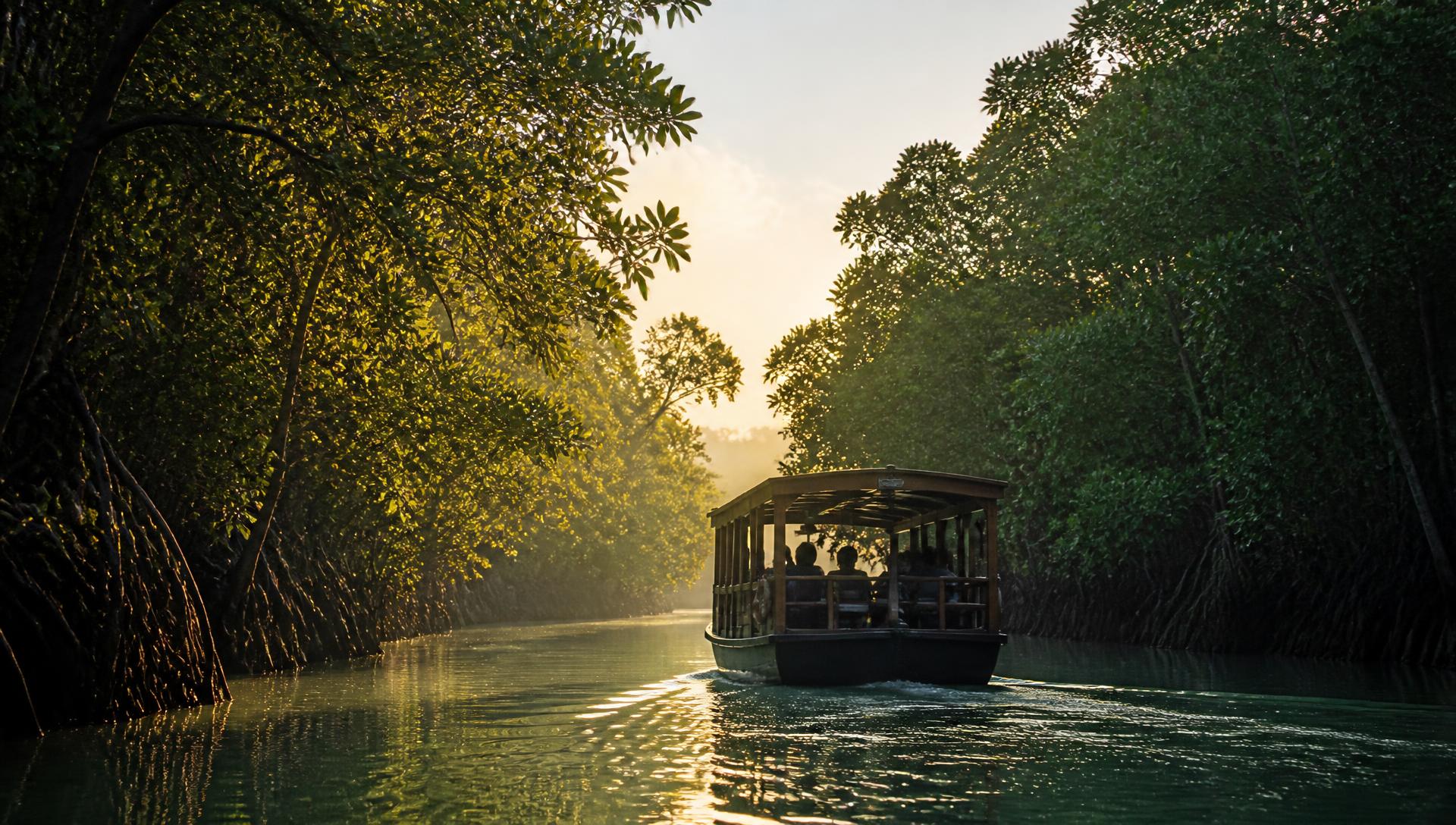 Tourist boat cruising a mangrove creek at golden hour